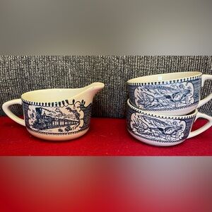 Vintage Blue and White Ceramic Creamer And Cups